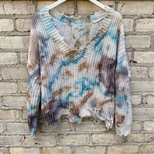 Main Strip Tie Dye V Neck Boho Oversized Slouchy Fringe Sweater Size Small